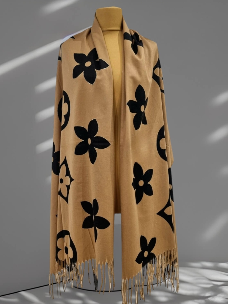 Szal-SZ817#2-Camel-Kwiaty-Czarne-Prostokąt-1.jpg