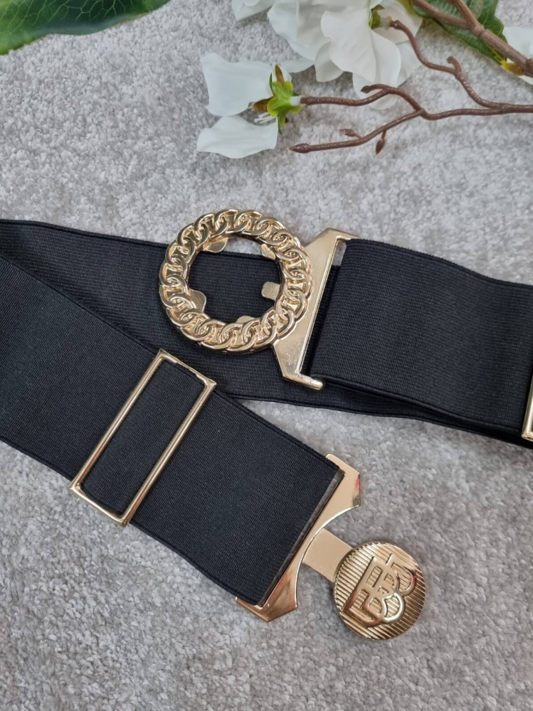 Pasek-Klamra-BB-Zabudowana-Złota-Gumowy-Szeroki-Regulowany-Czarny-6