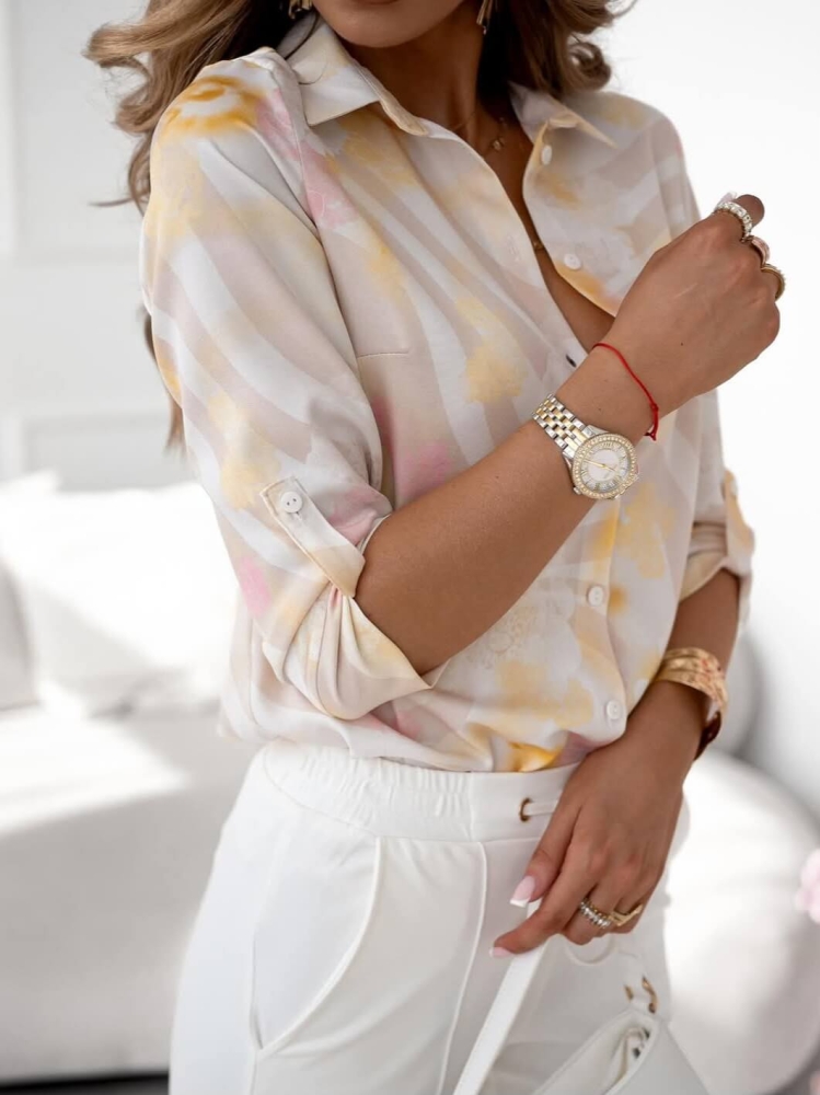 Bluzka-Koszula-Novum-Kwiaty-Rozmyte-Rękaw-7/8-Żółta-Beżowa-Pastelowa-4