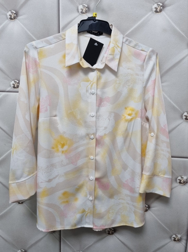 Bluzka-Koszula-Novum-Kwiaty-Rozmyte-Rękaw-7/8-Żółta-Beżowa-Pastelowa-6