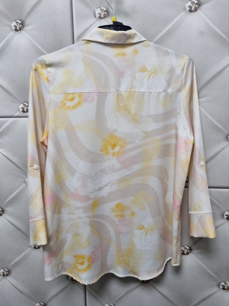 Bluzka-Koszula-Novum-Kwiaty-Rozmyte-Rękaw-7/8-Żółta-Beżowa-Pastelowa-7
