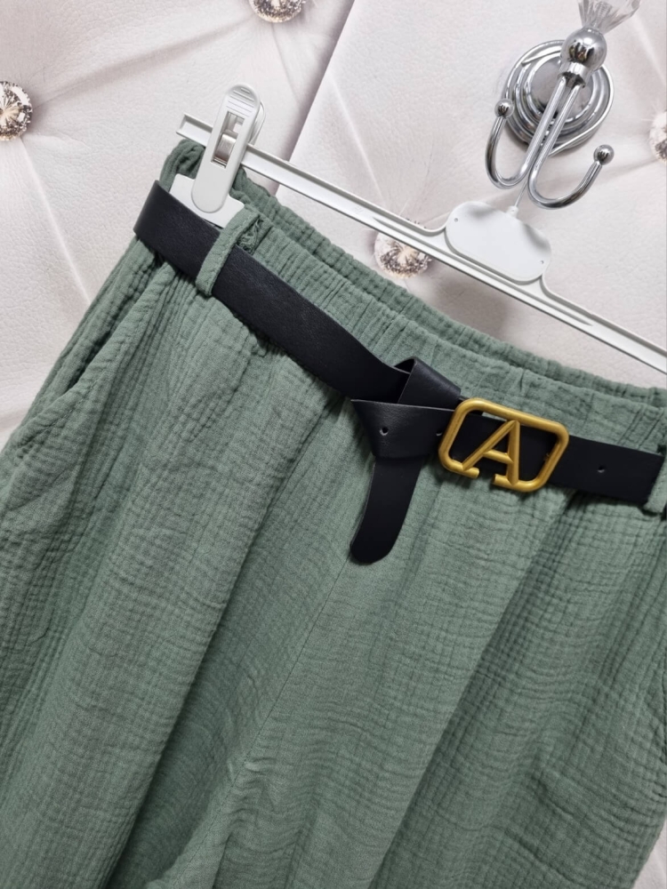 Spodnie-Muślinowe-Szerokie-Pasek-Czarny-Klamra-A-Zielone-Khaki-4