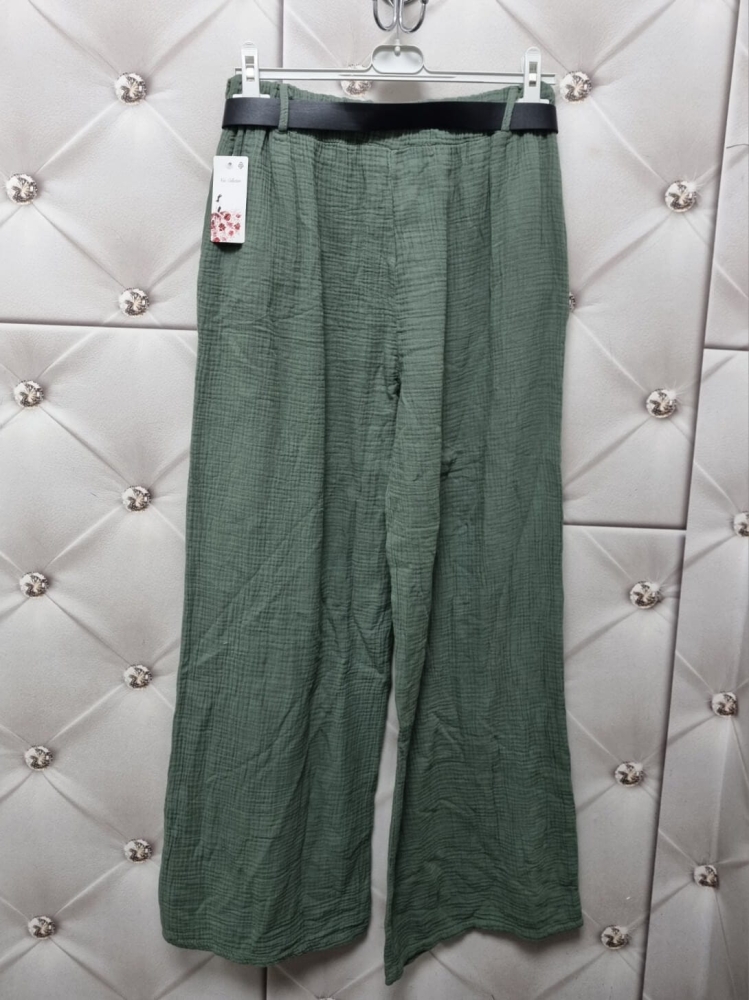 Spodnie-Muślinowe-Szerokie-Pasek-Czarny-Klamra-A-Zielone-Khaki-6
