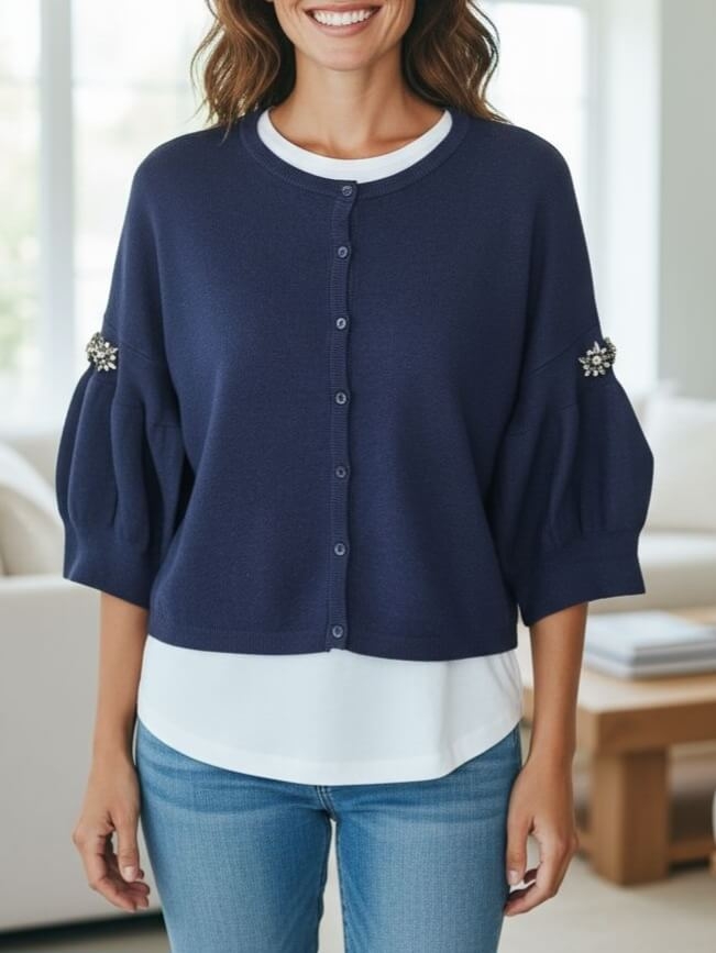 sweter-bufki-granatowy-rozpinany-na-guziki-krysztalowe-kwiatki-rękaw-78-elastyczny-jesienny-butik-szykownia-3