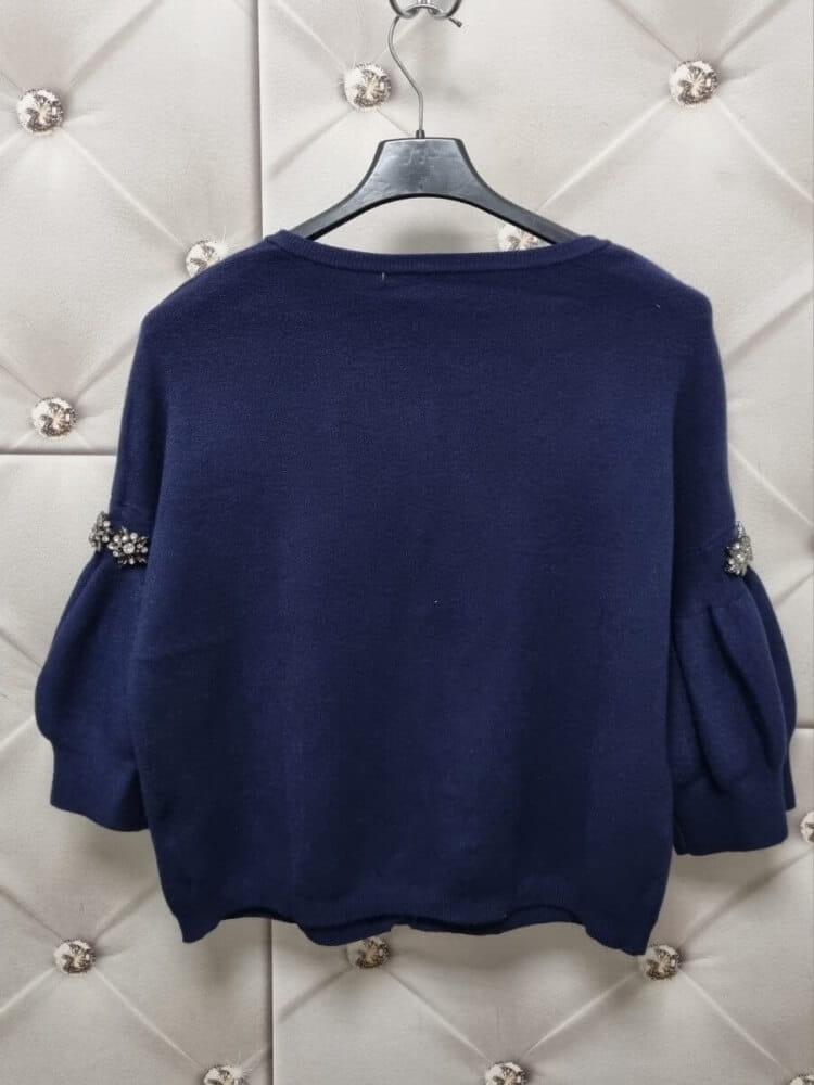 sweter-bufki-granatowy-rozpinany-na-guziki-krysztalowe-kwiatki-rękaw-78-elastyczny-jesienny-butik-szykownia-8