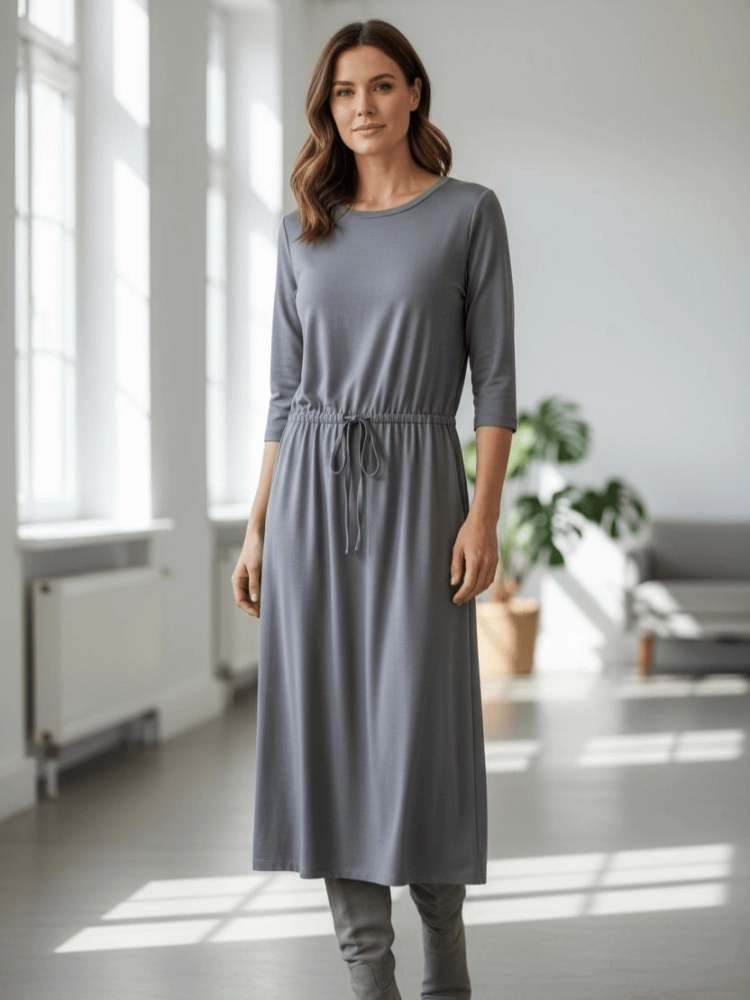 sukienka-valetta-taupe-bezowa-szara-jesienna-midi-bawelna-elastyczna-dekolt-v-talia-gumka-rekaw-34-elegancka-wygodna-stylowa-butik-szykownia-1