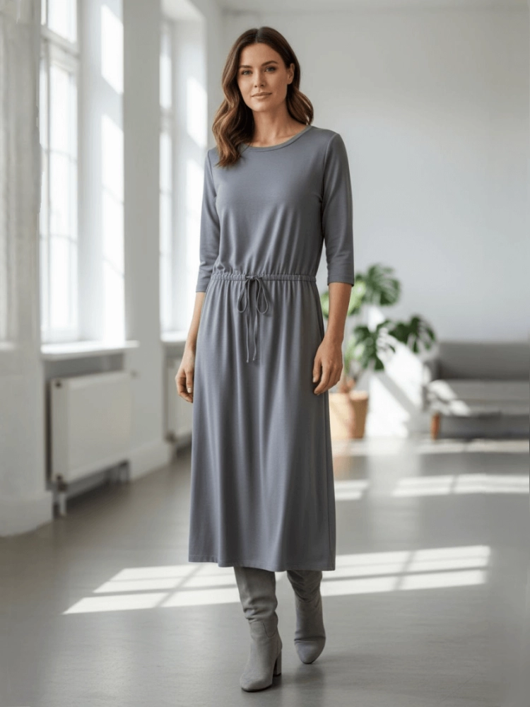 sukienka-valetta-taupe-bezowa-szara-jesienna-midi-bawelna-elastyczna-dekolt-v-talia-gumka-rekaw-34-elegancka-wygodna-stylowa-butik-szykownia-5