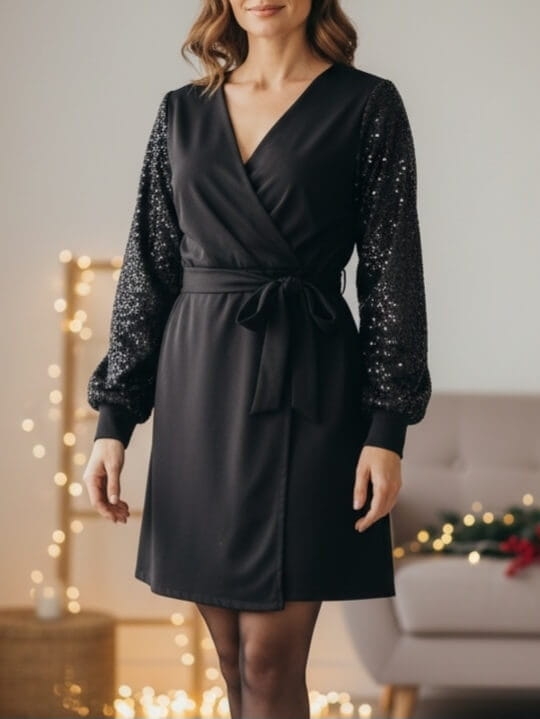 sukienka-koktajlowa-czarna-wloska-zakladkowy-dekolt-v-cekinowe-rekawy-asymetryczna-zakladka-elastyczna-pasek-w-pasie-elegancka-wieczorowa-imprezowa-butik-szykownia-3