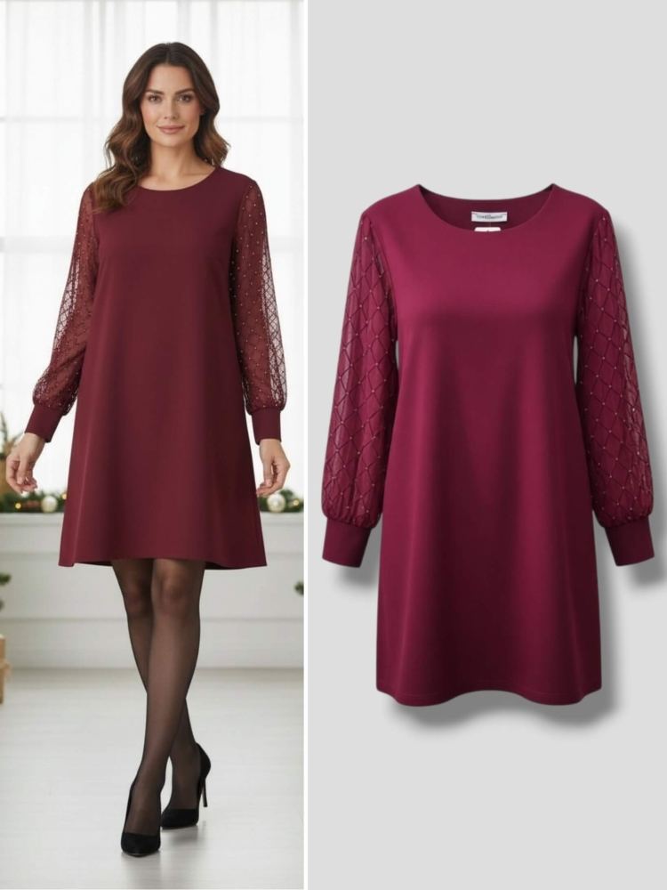 sukienka-bordowa-a-line-tiuloe-rekawy-kratka-srebrny-akcent-mankiet-okragly-dekolt-elegancka-uniwersalna-poliester-elastan-butik-szykownia-1