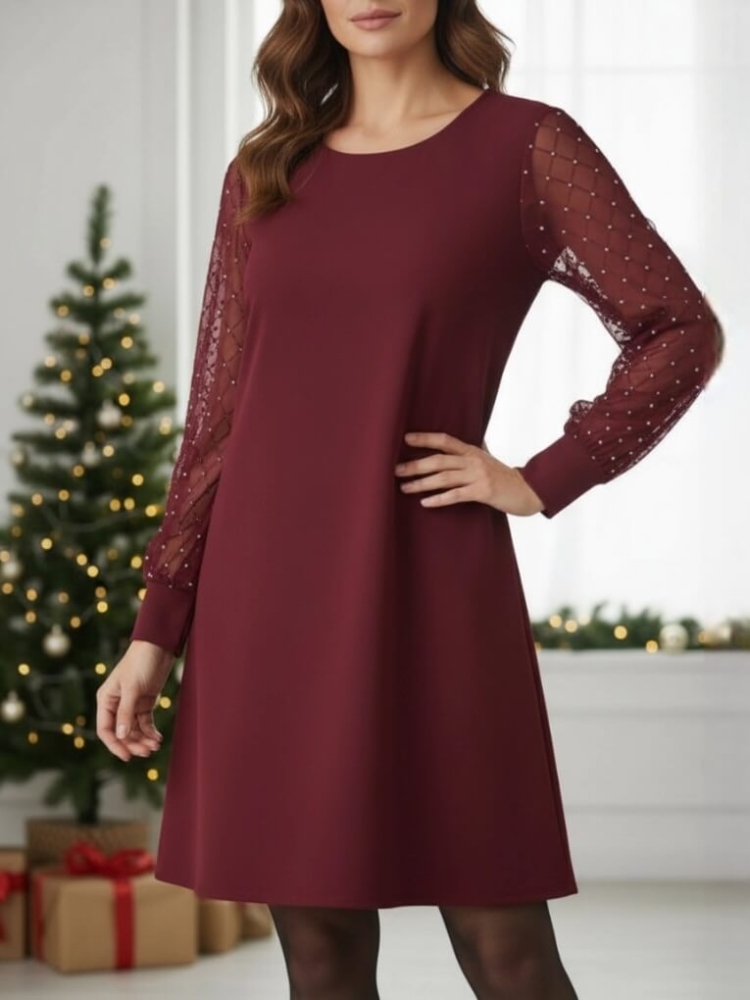 sukienka-bordowa-a-line-tiuloe-rekawy-kratka-srebrny-akcent-mankiet-okragly-dekolt-elegancka-uniwersalna-poliester-elastan-butik-szykownia-3