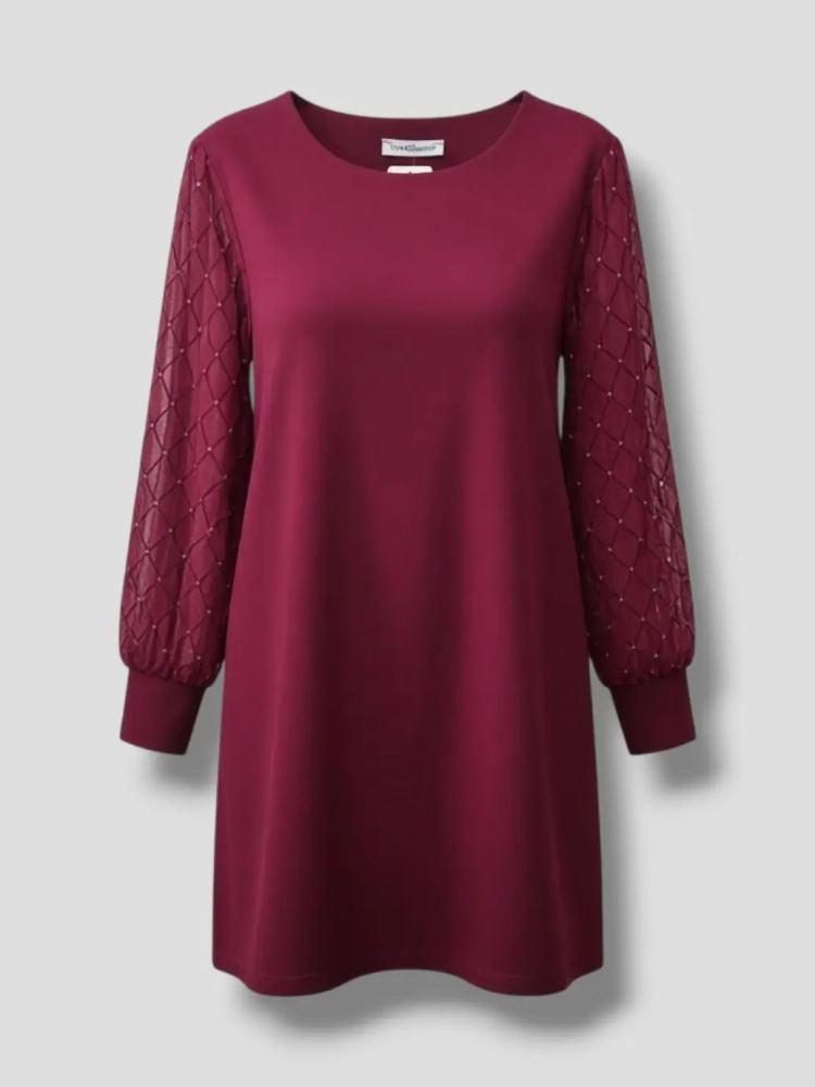 sukienka-bordowa-a-line-tiuloe-rekawy-kratka-srebrny-akcent-mankiet-okragly-dekolt-elegancka-uniwersalna-poliester-elastan-butik-szykownia-4