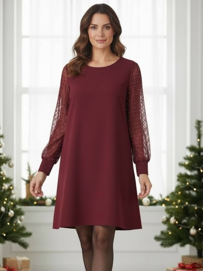 sukienka-bordowa-a-line-tiuloe-rekawy-kratka-srebrny-akcent-mankiet-okragly-dekolt-elegancka-uniwersalna-poliester-elastan-butik-szykownia-6