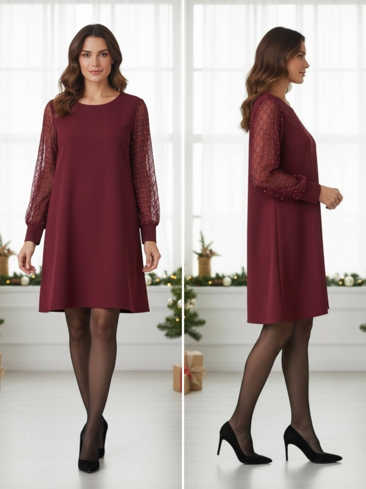 sukienka-bordowa-a-line-tiuloe-rekawy-kratka-srebrny-akcent-mankiet-okragly-dekolt-elegancka-uniwersalna-poliester-elastan-butik-szykownia-7