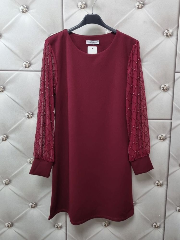 sukienka-bordowa-a-line-tiuloe-rekawy-kratka-srebrny-akcent-mankiet-okragly-dekolt-elegancka-uniwersalna-poliester-elastan-butik-szykownia-9