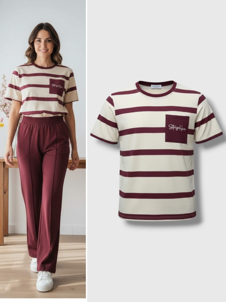 bluzka-tshirt-stayhere-paski-budyniowo-bordowe-kieszonka-bawelna-elastan-codzienna-model-3B-butik-szykownia-1