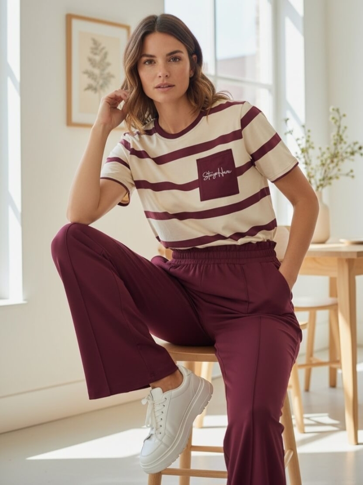 bluzka-tshirt-stayhere-paski-budyniowo-bordowe-kieszonka-bawelna-elastan-codzienna-model-3B-butik-szykownia-3