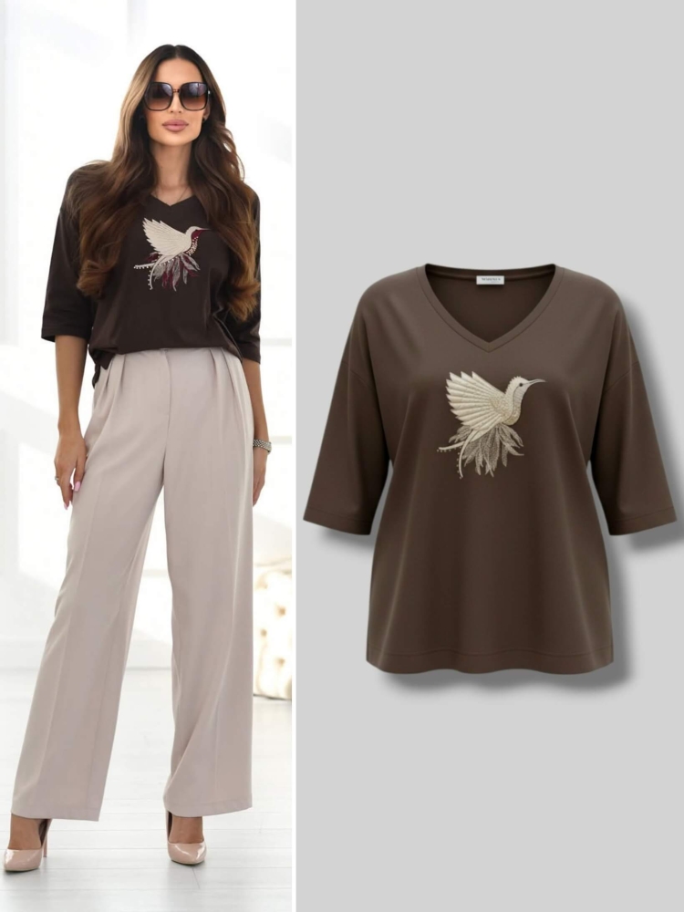 -bluzka-tshirt-koliber-zloty-madnes-polska-produkcja-dekolt-okragly-rekaw-3-4-czekoladowa-ciemna-bawelna-elastyczna-jakosc-premium-butik-szykownia-1