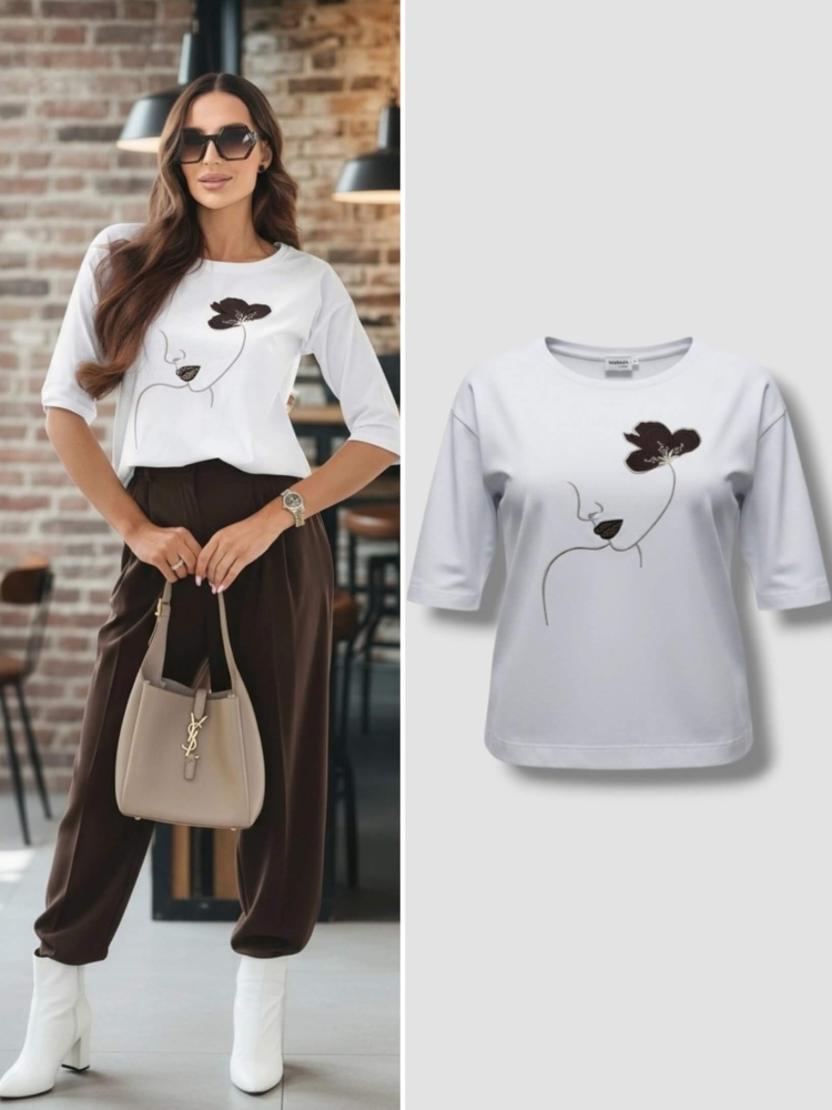 bluzka-tshirt-dziewczyna-twarz-kwiat-czekoladowy-madnes-polska-produkcja-dekolt-okragly-rekaw-3-4-biala-bawelna-elastyczna-jakosc-premium-butik-szykownia-1