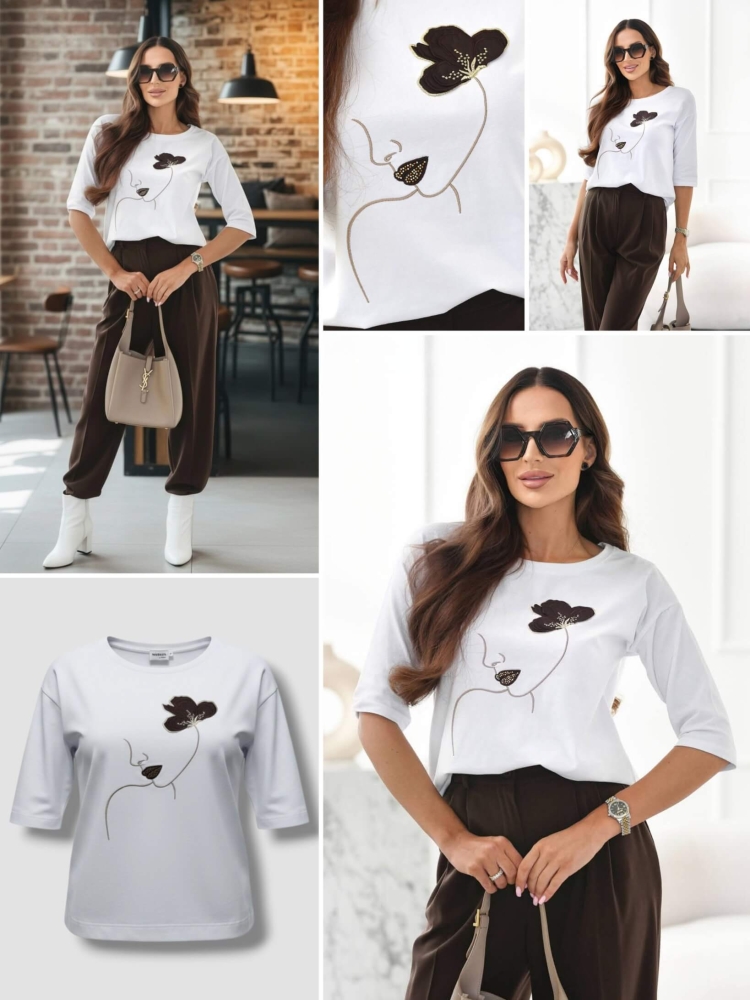 bluzka-tshirt-dziewczyna-twarz-kwiat-czekoladowy-madnes-polska-produkcja-dekolt-okragly-rekaw-3-4-biala-bawelna-elastyczna-jakosc-premium-butik-szykownia-11