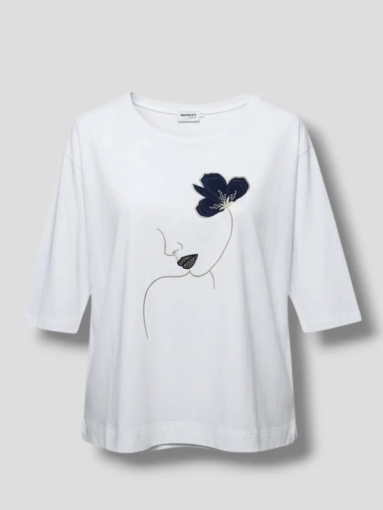 bluzka-tshirt-dziewczyna-twarz-kwiat-granatowy-madnes-polska-produkcja-dekolt-okragly-rekaw-3-4-biala-bawelna-elastyczna-jakosc-premium-butik-szykownia-4
