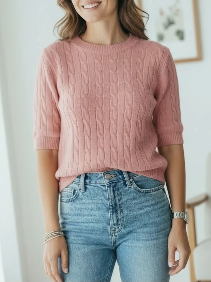 sweter-bluzka-sweterkowa-dolce-giccante-pastelowy-pudrowy-roz-warkoczowy-elastyczny-rękaw-3-4-do-lokcia-wiskoza-dekolt-okragly-rozmiar-uniwersalny-wiosenny-elegancki-casual-butik-szykownia-1