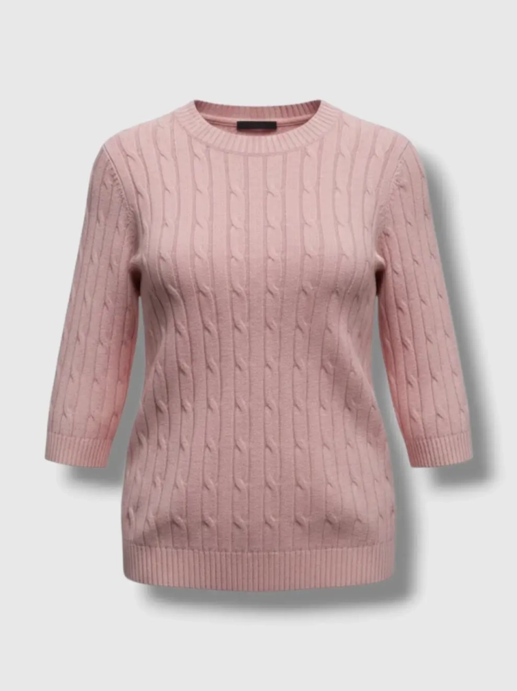 sweter-bluzka-sweterkowa-dolce-giccante-pastelowy-pudrowy-roz-warkoczowy-elastyczny-rękaw-3-4-do-lokcia-wiskoza-dekolt-okragly-rozmiar-uniwersalny-wiosenny-elegancki-casual-butik-szykownia-4