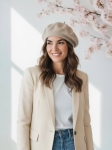 Klasyczny beret francuski z antenką beżowy damski elegancki uniwersalny