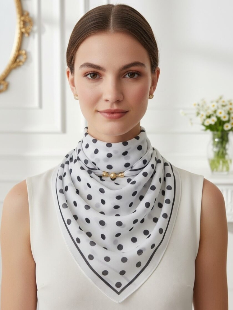 gawroszka-flow-kropki-czarne-biała-magnetyczne-zapiecie-apaszka-damska-65x65-bawelna-wiskoza-modny-dodatek-do-szyi-butik-szykownia-2