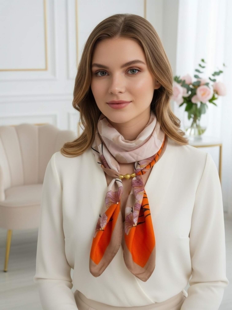 gawroszka-flow-kwiaty-bezowo-pomaranczowa-z- rozowym-wzorem-magnetyczne-zapiecie-apaszka-damska-65x65-bawelna-wiskoza-modny-dodatek-do-szyi-butik-szykownia-2
