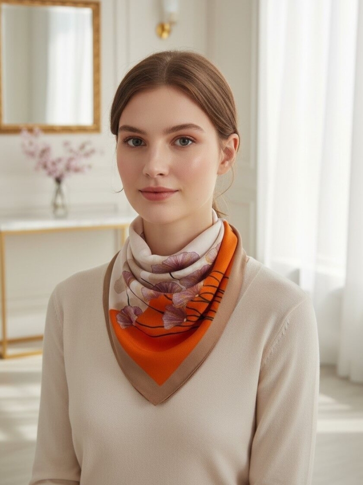 gawroszka-flow-kwiaty-bezowo-pomaranczowa-z- rozowym-wzorem-magnetyczne-zapiecie-apaszka-damska-65x65-bawelna-wiskoza-modny-dodatek-do-szyi-butik-szykownia-4
