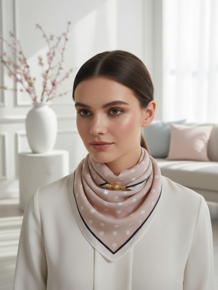 gawroszka-flow-bezowa-w-kremowe-groszki-z-czarną-lamowka-magnetyczne-zapiecie-apaszka-damska-65x65-bawelna-wiskoza-modny-dodatek-do-szyi-butik-szykownia-2