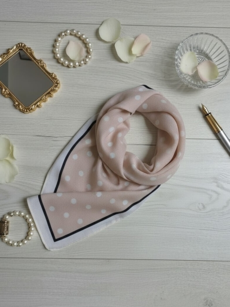 gawroszka-flow-bezowa-w-kremowe-groszki-z-czarną-lamowka-magnetyczne-zapiecie-apaszka-damska-65x65-bawelna-wiskoza-modny-dodatek-do-szyi-butik-szykownia-3