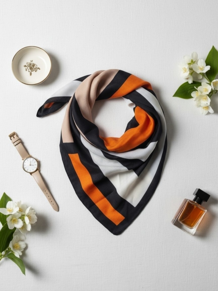 gawroszka-flow-pomarancz-czarna-bez-biala-asymetryczne-wzory-magnetyczne-zapiecie-apaszka-damska-65x65-bawelna-wiskoza-modny-dodatek-do-szyi-butik-szykownia-1