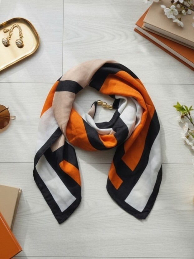 gawroszka-flow-pomarancz-czarna-bez-biala-asymetryczne-wzory-magnetyczne-zapiecie-apaszka-damska-65x65-bawelna-wiskoza-modny-dodatek-do-szyi-butik-szykownia-3