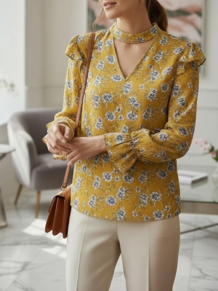 bluzka-elviana-musztardowa-kwiaty-dekolt-v-choker-falbanka-rekaw-dlugi-elegancka-bluzka-damska-wiosenna-kwiatowy-print-modna-bluzka-damska-uniwersalna-butik-szykownia-1