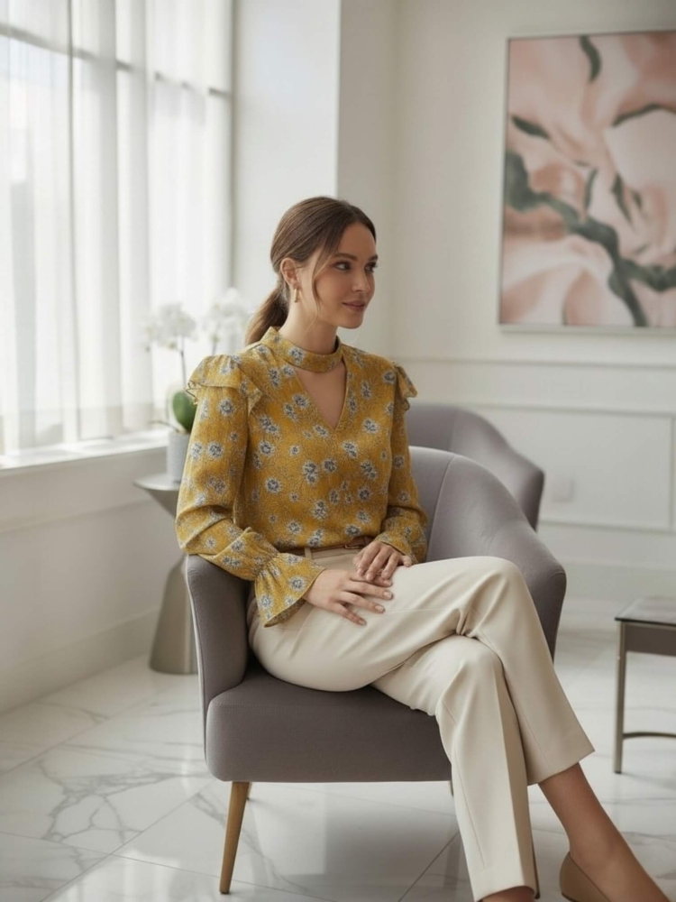 bluzka-elviana-musztardowa-kwiaty-dekolt-v-choker-falbanka-rekaw-dlugi-elegancka-bluzka-damska-wiosenna-kwiatowy-print-modna-bluzka-damska-uniwersalna-butik-szykownia-2