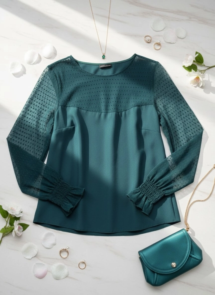 bluzka-valentina-tiulowe-rekawy-kropki-zielona-butelkowa-polska-produkcja-madex-bawelna-elastyczna-elegancka-butik-szykownia-4