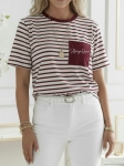 Bluzka T-shirt StayHere - Paski biało-bordowe kieszonka Model 2A
