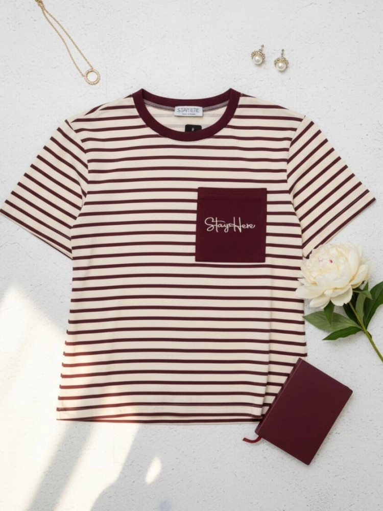 bluzka-tshirt-stayhere-ecru-waniliowa-paski-bordowe-kieszonka-bawelna-elastan-codzienna-model-2B-butik-szykownia-4