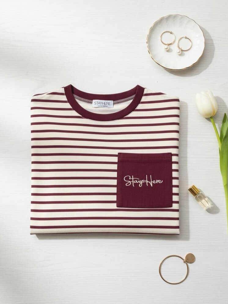 bluzka-tshirt-stayhere-ecru-waniliowa-paski-bordowe-kieszonka-bawelna-elastan-codzienna-model-2B-butik-szykownia-6