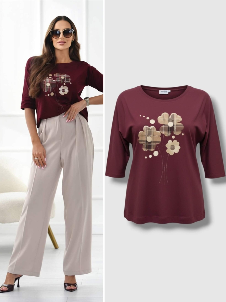 bluzka-tshirt-kwiaty-madnes-polska-produkcja-dekolt-okragly-rekaw-3-4-bordowa-bawelna-elastyczna-jakosc-premium-butik-szykownia-1