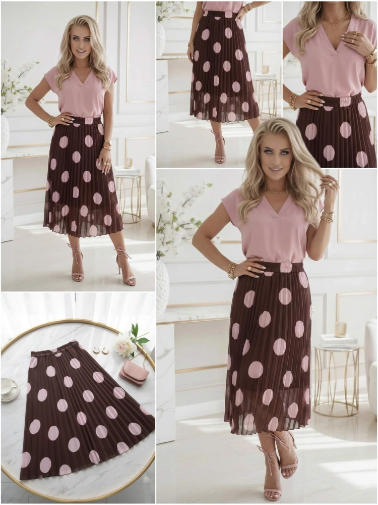 spodnica-plisowana-amara-dots-just-women-czekoladowa- pudrowy-roz-grochy-duze-kropki-midi-plisy-guma-w-pasie-wloska-produkcja-elegancka-wiosna-lato-butik-szykownia-9
