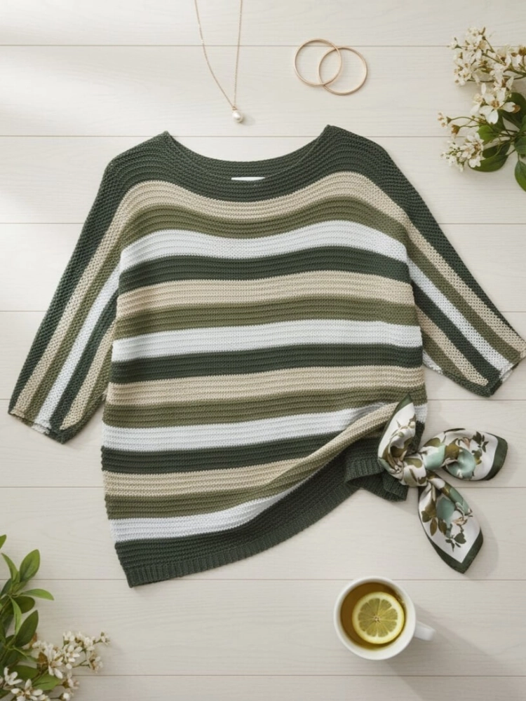 sweter-marina-pasy-ciemny-khaki-beżowy-jasny -khaki-biały-dekolt-lodka-kroj-nietoperz-rekaw-3-4-lekki-damski-akryl-wiosna-lato-butik-szykownia-4