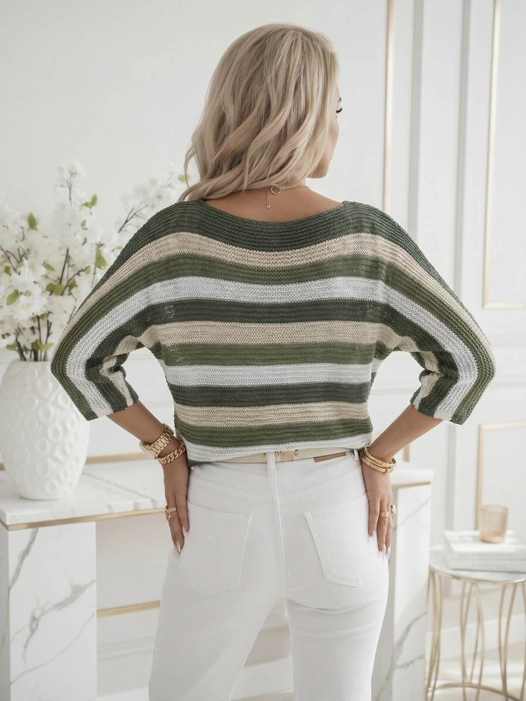 sweter-marina-pasy-ciemny-khaki-beżowy-jasny -khaki-biały-dekolt-lodka-kroj-nietoperz-rekaw-3-4-lekki-damski-akryl-wiosna-lato-butik-szykownia-17