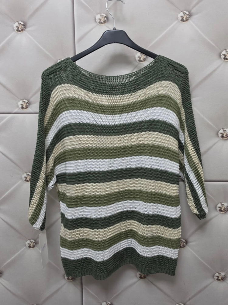 sweter-marina-pasy-ciemny-khaki-beżowy-jasny -khaki-biały-dekolt-lodka-kroj-nietoperz-rekaw-3-4-lekki-damski-akryl-wiosna-lato-butik-szykownia-8