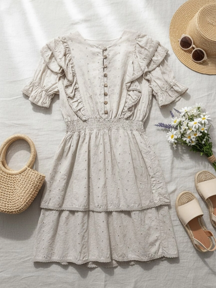 sukienka-neve-bezowa-boho-z-falbankami-azurowa-bawelniana-gumka-w-talii-guziczki-krotki-rekaw-rozmiar-uniwersalny-butik-szykownia-3