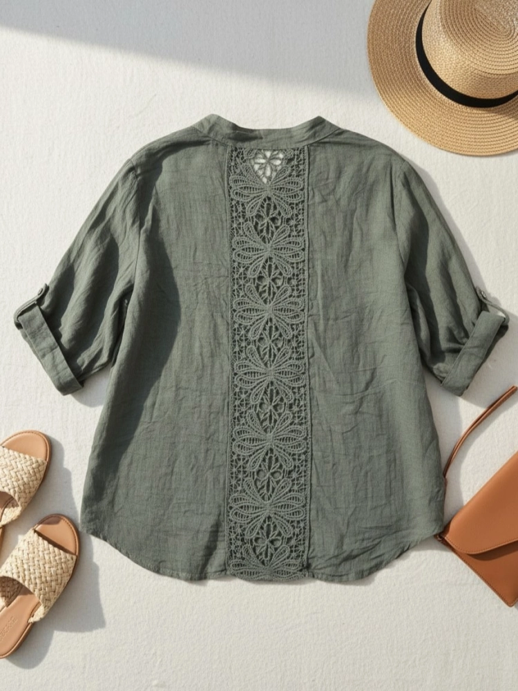 koszula-nerina-zielona-khaki-lniana-azurowa-wstawka-na-plecach-100procent-len-stojka-dekolt-v-kieszenie-rekaw-3-4-letnia-koszula-damska-butik-szykownia-5