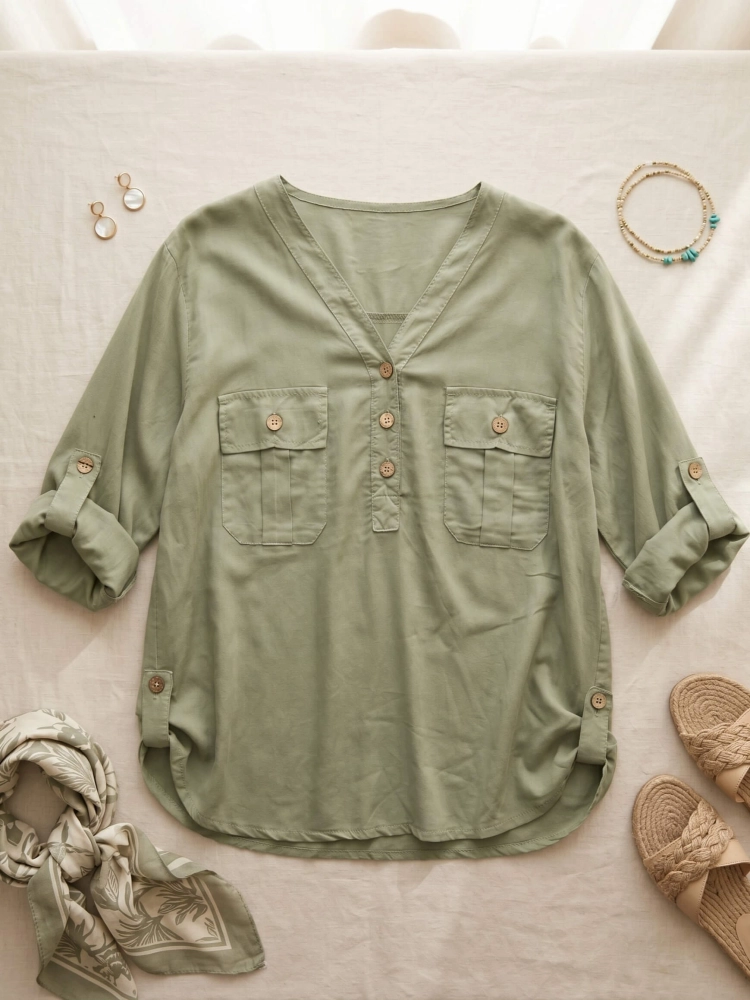 bluzka-safari-zielona-khaki-lyocell-dekolt-v-kieszonki-guziki-rekaw-3-4-podpinany-letnia-bluzka-damska-butik-szykownia-3