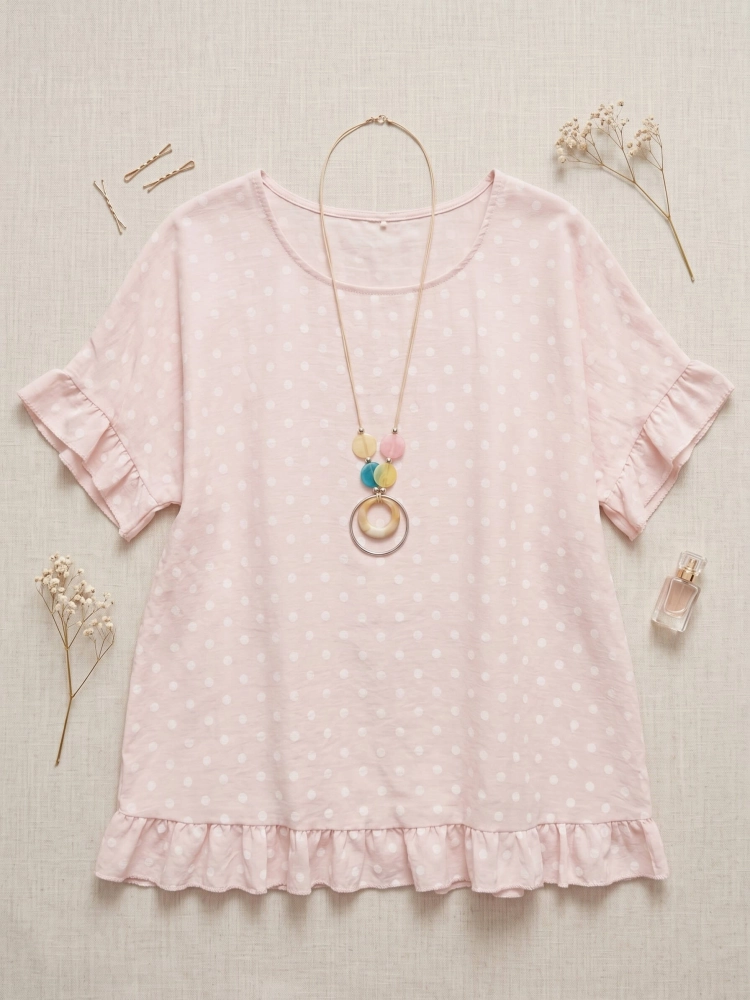 bluzka-melia-dots-pudrowy-roz-w-biale-kropki-oversize-z-falbanka-naszyjnik-w-zestawie-wiskoza-nylon-letnia-damska-luzna-butik-szykownia-3