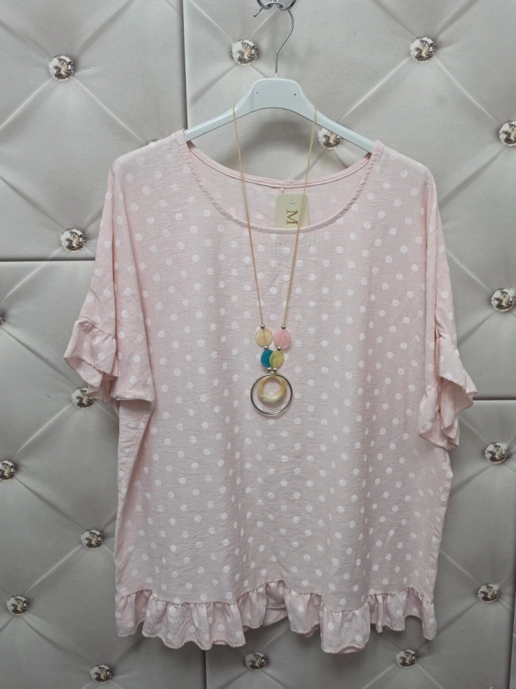 bluzka-melia-dots-pudrowy-roz-w-biale-kropki-oversize-z-falbanka-naszyjnik-w-zestawie-wiskoza-nylon-letnia-damska-luzna-butik-szykownia-8